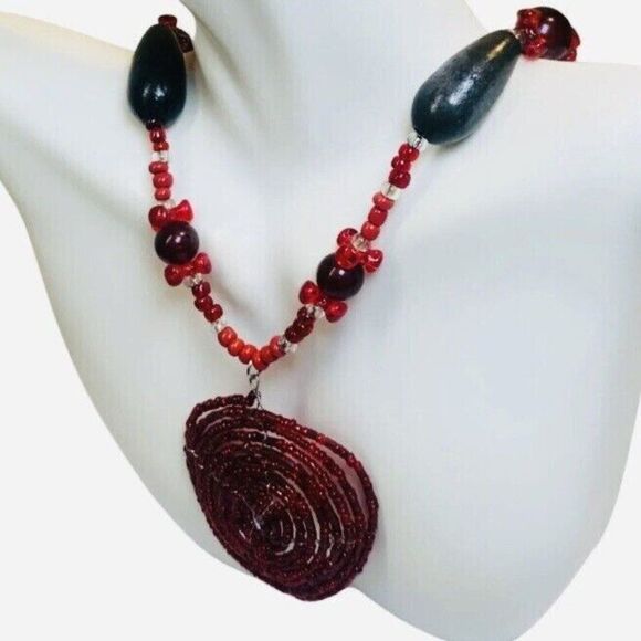 Vintage Hippie Bohemian Red Beaded Pendant Statement Necklace 24”Wood Artesian - Picture 8 of 16